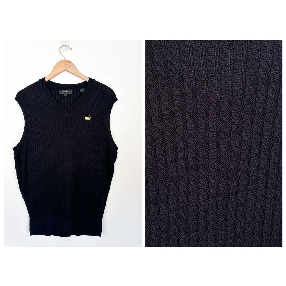 Bobby Jones Collection Masters Embroidered Unisex Black Cable Knit Silk V Neck S